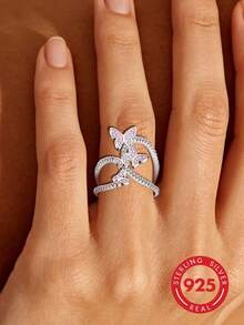1pc 925 Sterling Silver Cubic Zirconia Butterfly Multi-Layer Wide Ring, Suitable For Women's Summer Casual Vacation Wear, Also Can Be Given As Holiday And Birthday Gift. - Silver - View 5