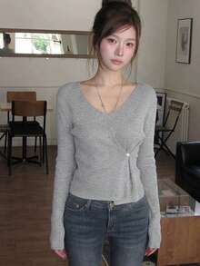 YCYC Spring/Autumn Elegant Slimming Front Slit Long Sleeve Top - Grey - View 2