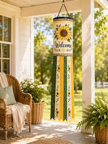 1pc Sunflower Welcome Wind Vane, Farmhouse Style Polyester Hanging Wind Chime With Cylindrical Top, Yellow-Green Long Tassel Tail, Floral Heart Print, Suitable For Porch, Patio, Balcony, Garden, Yard, Front Door, Summer & Autumn Home Decor - A - View 1