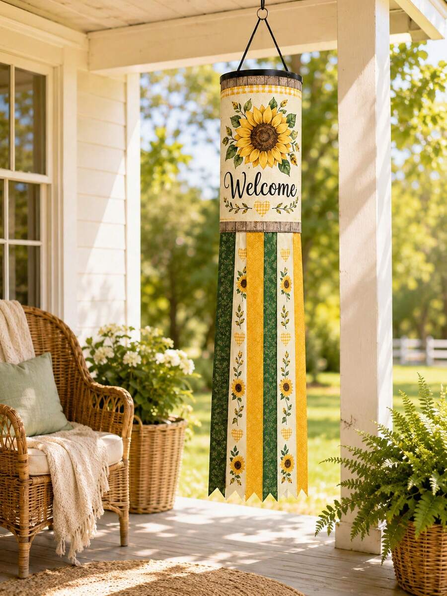 1pc Sunflower Welcome Wind Vane, Farmhouse Style Polyester Hanging Wind Chime With Cylindrical Top, Yellow-Green Long Tassel Tail, Floral Heart Print, Suitable For Porch, Patio, Balcony, Garden, Yard, Front Door, Summer & Autumn Home Decor - A - View 1