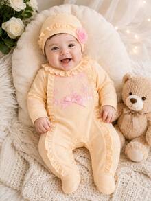 H HIBOBI 2pcs Baby Girl Outfit, Embroidered Footed Romper And Floral Hat, Suitable For 0-12 Months Newborn, Perfect For Daily Wear, Party Or Photo Shoot, Machine Washable - Apricot - View 2