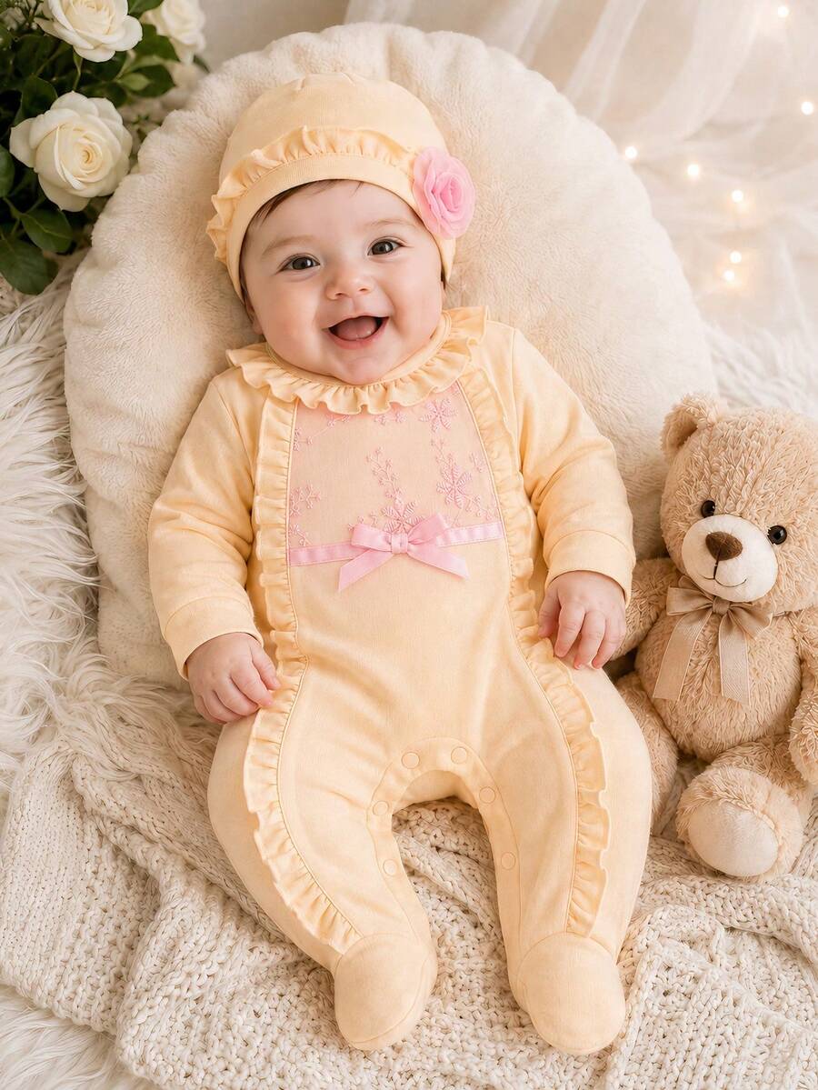 H HIBOBI 2pcs Baby Girl Outfit, Embroidered Footed Romper And Floral Hat, Suitable For 0-12 Months Newborn, Perfect For Daily Wear, Party Or Photo Shoot, Machine Washable