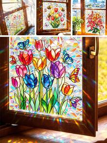 1pc Color Stained Glass Tulip Floral Window Stickers Iridescent Laser Holographic Butterfly Pattern Prism Light Refraction Self Adhesive PVC Decals For Household Bedroom Living Room Window Soft Natural Floral Scene Home Decor - Multicolor - View 1