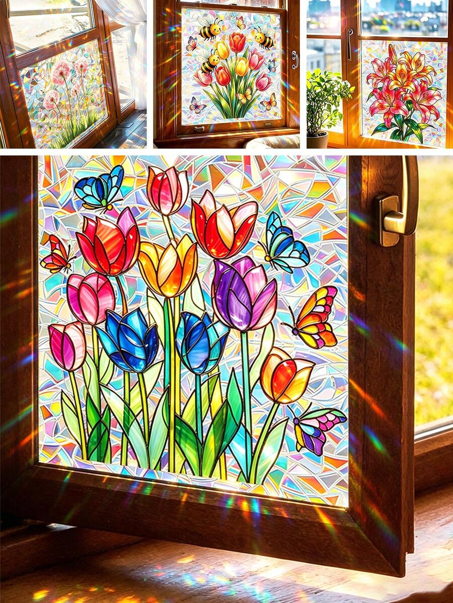 1pc Color Stained Glass Tulip Floral Window Stickers Iridescent Laser Holographic Butterfly Pattern Prism Light Refraction Self Adhesive PVC Decals For Household Bedroom Living Room Window Soft Natural Floral Scene Home Decor - Multicolor - View 1