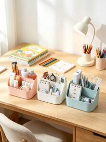 1pc Squishy‑Texture Desktop Storage Box, Solid Plain Color, Multi‑Grid Partition, Minimalist Modern Style, Back To School, Autumn‑Winter Daily Use, Women Students, Bedroom Vanity, Office Desk, Dorm, Organize Cosmetics, Statio - Multicolor - View 9