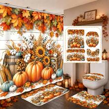 1pc/4pcs Autumn Harvest Pumpkin & Maple Leaf Multi-Functional Bathroom Decor Shower Curtain Set, Free 12 Hooks, Premium Holiday Atmosphere, Bathroom Mat, U-Shaped Rug And Round Toilet Lid Cover, Suitable For All Occasions, Bathroom Set - Pumpkin Harvest - View 1
