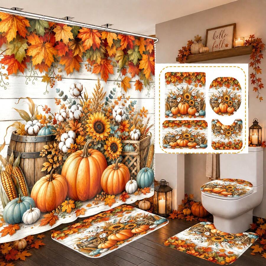 1pc/4pcs Autumn Harvest Pumpkin & Maple Leaf Multi-Functional Bathroom Decor Shower Curtain Set, Free 12 Hooks, Premium Holiday Atmosphere, Bathroom Mat, U-Shaped Rug And Round Toilet Lid Cover, Suitable For All Occasions, Bathroom Set - Pumpkin Harvest - View 1