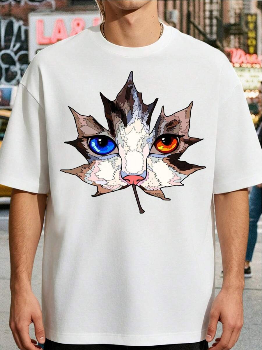 [Envío en 24h desde DE/FR/ES]Camiseta Vintage Harajuku Y2K para Hombre, 100% Algodón, con Gráficos de Gato y Hoja de Arce, Tallas S-5XL. regalo perfecto - A - Ver 1