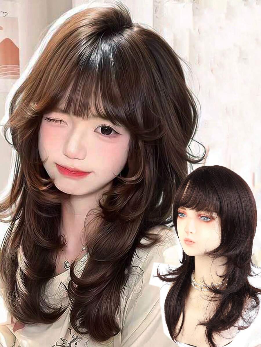 45CM Women Medium Long Fluffy Wolf Cut Synthetic Wig With Bangs Matte Heat Resistant Fiber Adjustable Wig Cap Lolita Style For Daily Party Cosplay