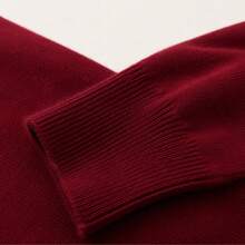 Women's Elegant Burgundy Long Sleeve Crew Neck Cardigan, Exquisite Ribbed Design With Contrast Lace Details, Suitable For Winter Wear - Red - View 6