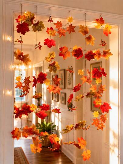 1pc Vintage Farmhouse Style Autumn Maple Leaf Door Curtain Decor, Autumn Hanging Wreath Door Curtain, Artificial Leaf & Berry String Curtain, Thanksgiving Harvest Doorway Decoration, Autumn Holiday Window & Wall Hanging Decor, Pumpkin Party Backdrop Decoration, Seasonal Entryway Decor, Autumn Home Party Supplies, Orange Yellow Red Leaf Hanging Decor, Cozy Farmhouse Style Room Decoration, Friends Thanksgiving Photo Props, Porch & Indoor Decoration, Autumn Wedding Party Accents, Autumn Door Hanging Decor Set