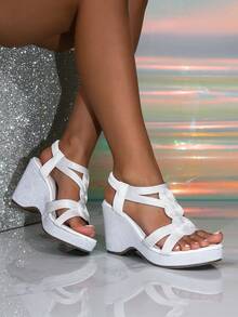 Women's Elegant White Braided Wedge Sandals, Open Toe Braided Elastic Back Strap Design, Suitable For Weddings, Parties, Commuting, Office, Summer Daily Wear - White - View 3