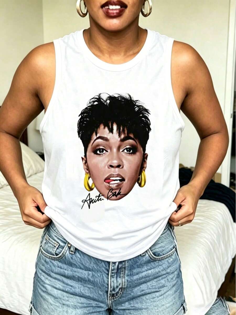 Vintage Anita Baker Big Head T-Shirt Unisex Retro R&B Graphic Tank Top Must-Have For 80s Music Fans Soft Comfy Top Perfect For Concerts Hangouts - 白色2 - 查看 1