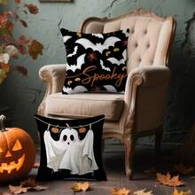 4pcs Cute Ghost Halloween Pillow Covers, Cartoon Bat, Spider, Pumpkin, Skull, Mushroom Cushion Covers, Black Background Minimalist Spooky Farmhouse Style Sofa Home Decor, Single-Sided, Pillow Insert Not Included - Black - View 7