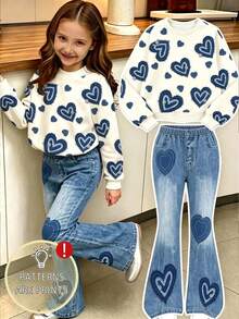 Tween Girl Heart Print Crew Neck Sweatshirt And Flare Pants Casual Set - White - View 1