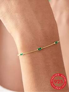 1pc S925 Sterling Silver Minimalist Ins Cold Style Elegant Green Geometric Square Diamond Bracelet, Fashionable Luxury Niche Exquisite Personalized High-End Square Green Diamond Box Chain, Versatile Jewelry Holiday Gift - Square - View 5