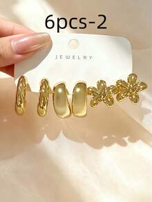 6/18pcs Elegant Women's Earring Set, Fashionable Charming Design, Floral Teardrop Twisted C-Shape And More Styles Multi-Piece Combination, Minimalist Gold Thick Earring Jewelry Accessories Suitable For Daily Wear - Gold - View 4