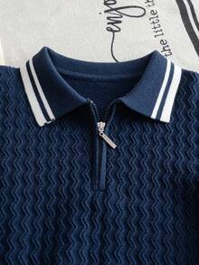 Áo len chui đầu nam phong cách preppy cổ polo kéo khóa nửa, tay dài, dệt kim họa tiết sóng 3D phối màu kẻ sọc, áo mặc thường ngày và đi học đa năng, xuân/thu/đông - Màu xanh hải quân - Xem 3
