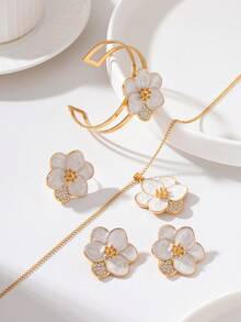 1 Set Minimalist Elegant Versatile Oil Drop Floral Women's Bracelet Ring Earrings Pendant Set Suitable For Daily Wear And Vacation, Women's Date Valentine's Day Gift - White - View 5