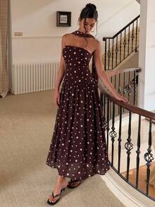 Women's Brown Polka Dot Print Sleeveless Dress With Neck Bow, Sweet And Elegant Summer Vacation - Brown - View 3