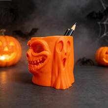 3D Printed Solid PLA Funny Skull Pumpkin Pen Holder, Spooky Halloween Ghost Style Desktop Storage Ornament, Multi-Functional Desktop Stationery Storage Container, Used For Home, Office Desktop Holiday Decor Room Decor Home Decor Halloween Decor - A - View 2