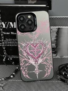 1pc Pink Thorn Heart Cross Skull Wing Pattern IMD Gradient Matte Laser Raised Lens Frame Anti-Drop Full Coverage Hard Shell Phone Case Without Lanyard Compatible With All Apple Models, Y2K Dark Gothic Sweet Cool Niche Hot Girl Ins Style Phone Protective Cover - Silver - View 6