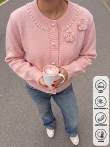 Fall Winter Women Pink Crew Neck 3D Flowers Knit Cardigan Xmas New Year Sweet Button Long Sleeve Jacket - Pink - View 2