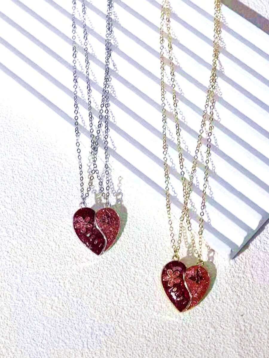 2 件新款 Best Friends 磁性项链，配彩色蝴蝶吊坠，适合闺蜜的时尚珠宝 - 紅色愛心蝴蝶 - 查看 1