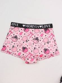Dircho 1pc Women Pink Pumpkin Spider Bow All Over Print Boyshort Panties, Letter Elastic Waistband, Soft Skin-Friendly Non-Roll Underwear - Multicolor - View 2