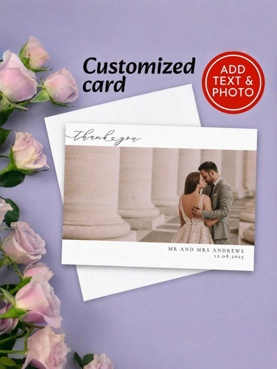 Custom Wedding Thank You Card, Minimal Landscape Photo Design,Cream White Border, Personalized Names & Date Detail, Elegant Greeting Card ForWedding, - Multicolor - View 1