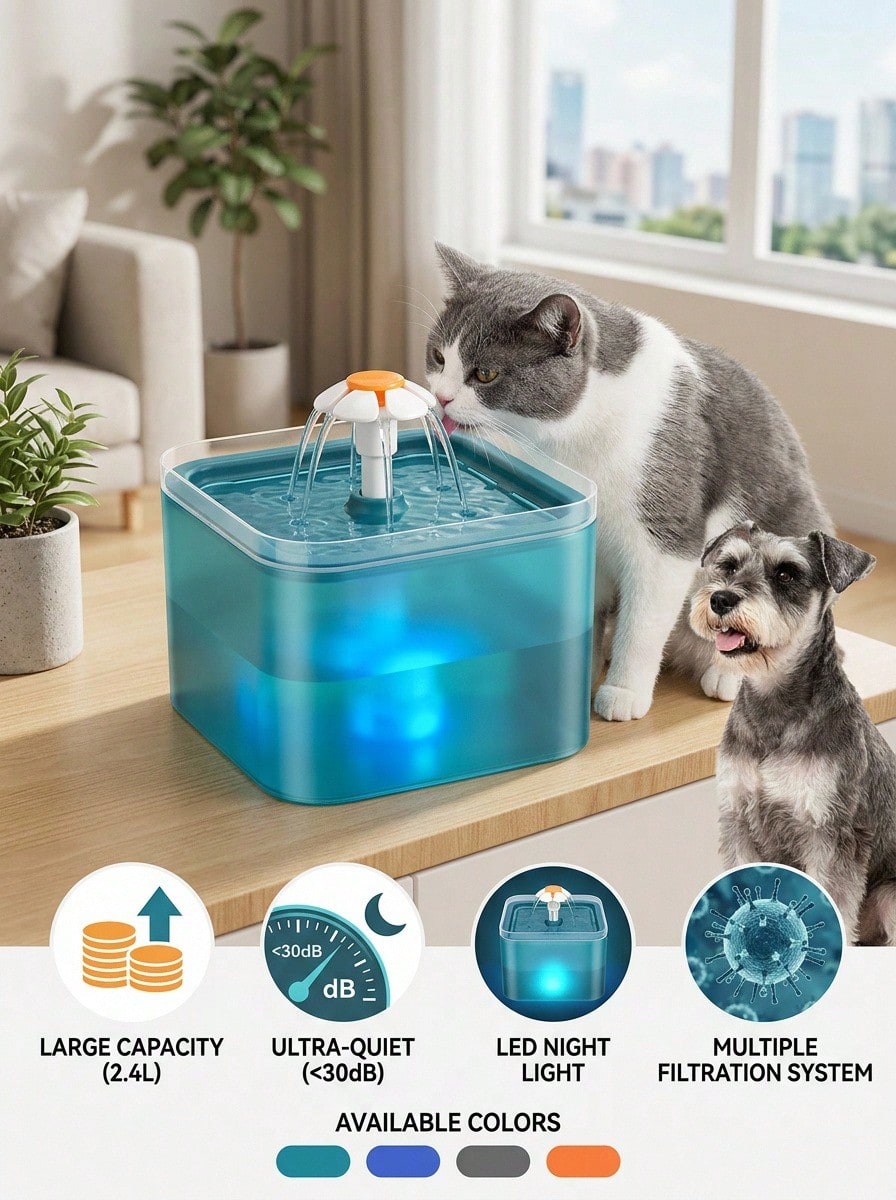 PETSIN 2 升/67.5 盎司/0.53 加仑大容量静音 LED 灯猫饮水器 - 带过滤、USB 供电（不含适配器）、自动宠物饮水站、可更换过滤器