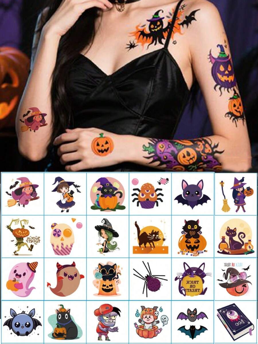 30 Pcs Halloween Waterproof Tattoo Stickers | Cute Cartoon Patterns Funny Little Ghosts And Pumpkin Designs, Arm Back Body Temporary Stickers, Party And Party Must-Have Holiday Gifts Good Choice - Multicolor - View 1