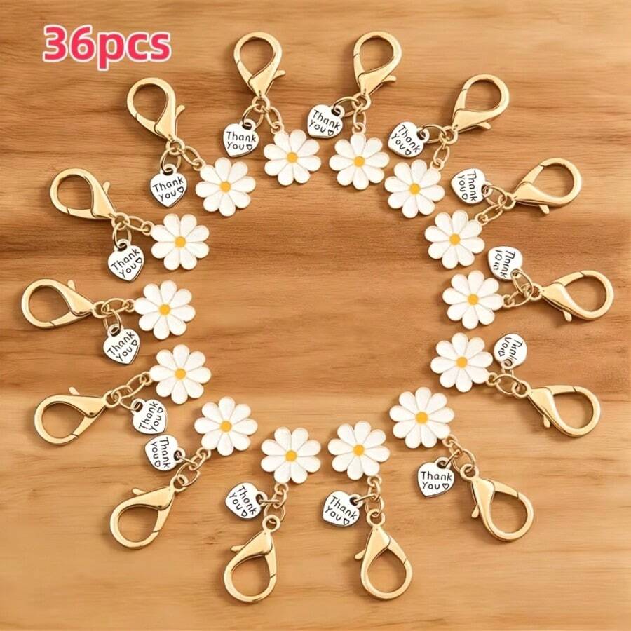 24pcs/36pcs Daisy Flower Keychains With Thank You Pendants & Lobster Clasps, Cute Vintage Bohemian Bag Charms For Women Girls, Elegant Rhinestone Car Key Rings, High-Quality Metal Alloy Purse Hangers, Party Favors, Gift Box Decorations - Daisy Keychain - View 1