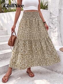 Women's Long Floral Print Skirt With Casual Elastic Waist And Ruffled Hem, A-Line Skirt For Spring And Summer Vacations - Khaki - View 1