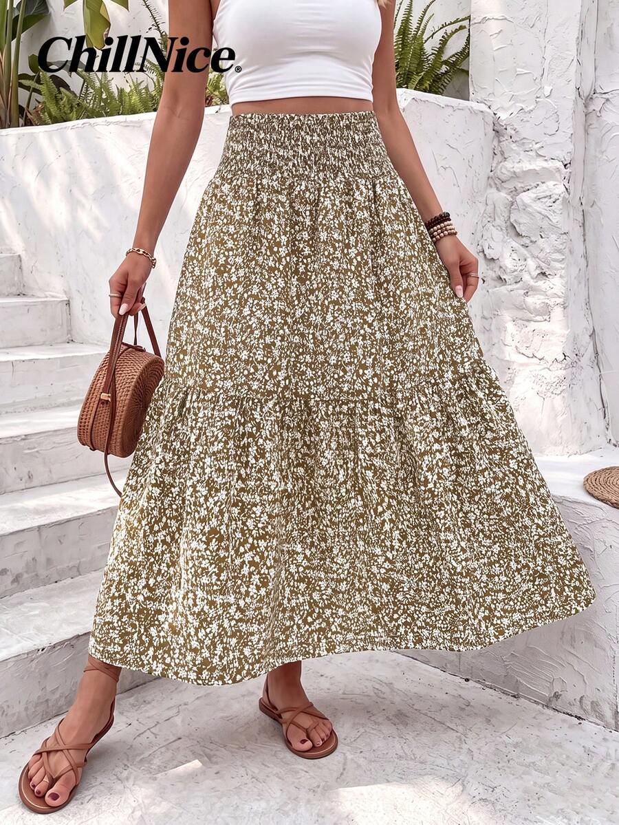Women's Long Floral Print Skirt With Casual Elastic Waist And Ruffled Hem, A-Line Skirt For Spring And Summer Vacations - Khaki - View 1