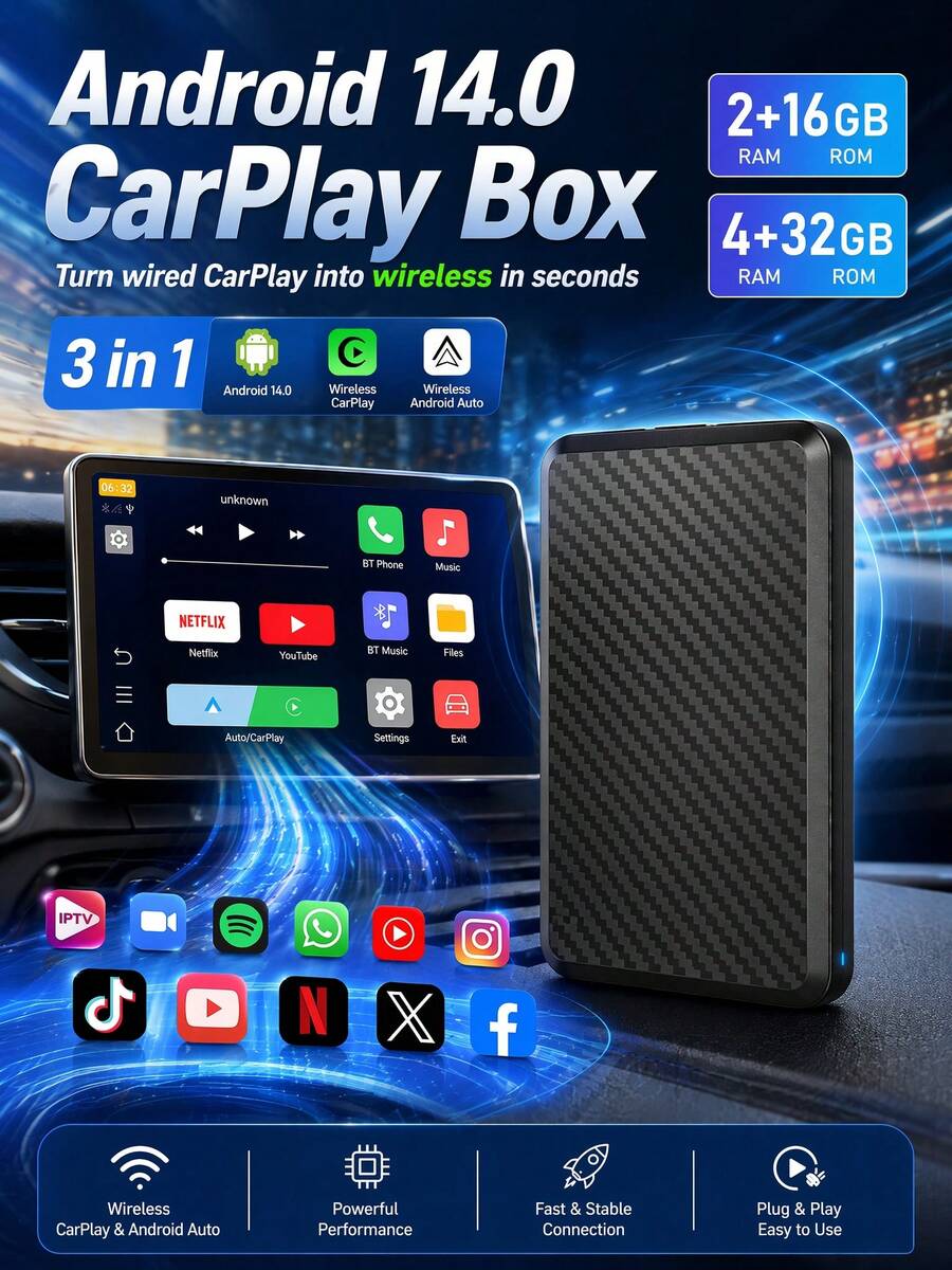 XUDA Android 14 2026 新款無線 CarPlay 與 Android Auto 智能盒子 3 合 1 四核 2GB+16GB/4GB+32GB 內建應用程式,支援 98% 原廠有線 CarPlay 或有線 Android Auto 車型 - A - 查看 1