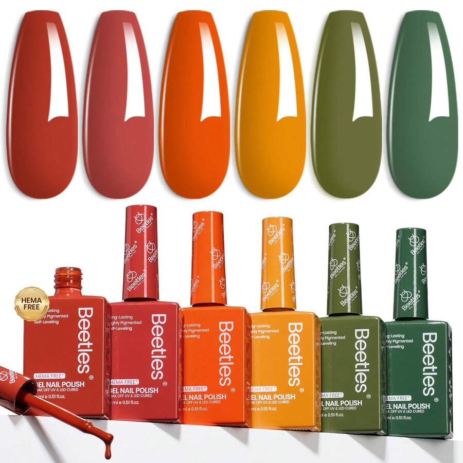 Beetles 6PCS 15ml Fall Gel Nail Polish Set, Golden Hour Collection, Burgundy, Orange, Dark Red & Green Soak Off UV LED Gel Polish - 6PCS 15ml Golden Hour - 查看 1
