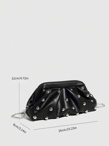 Vintage-Style Pleated Clutch With Rivet Decoration, Ruffled, Cloud-Patterned Beach Bag For Women, Fashionable Clutch Handbag With Chain Strap - Black - View 6