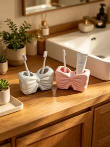 1pc Dual Slot White & Pink Cute Bow Toothbrush & Toothpaste Holder Makeup Brush Organizer Bathroom Countertop Vanity Accessory Aesthetic INS Style Home Decor Bathroom Dorm Apartment Essentials - Multicolor - View 6