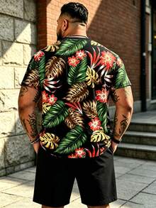 2pcs/Set Plus Size Men's Hawaiian Vacation Set Shirt, Loose Beach Casual Daily Versatile Outfit Sports Black Summer - Black - View 2