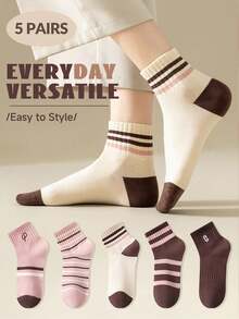 5 Pairs Women's Maillard Color Striped Short Socks, Seamless Retro Colorblock Short Socks, Suitable For Casual Daily Wear - Multicolor - View 5