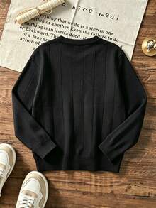 Tween Boys Vertical Ribbed Crew Neck Knit Sweater, Soft Long Sleeve Basic Pullover Jumper For Fall Winter School Daily Wear - Black - View 4