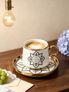 1 Set 90ml Ceramic Coffee Cup & Saucer, Mandala Pattern, Microwave & Dishwasher , Includes 1 Espresso Cup And 1 Arabic Coffee Cup, Suitable For Afternoon Tea, Cafe, Kitchen And Home Decor - Multicolor - View 4