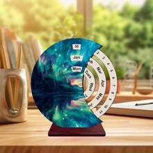 1pc Wooden Manual Rotating Calendar Ornament, Vibrant Aurora Landscape Art Desk Calendar, Fashion 2D Flat Decoration, Suitable For Home, Office, Bedroom, Commemorative Gift For Classmates And Friends - Colorful Aurora - View 6