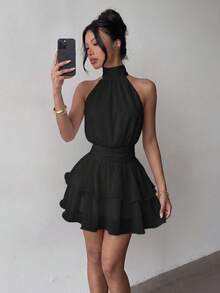 Elegante Vestido Mini de Moda con Cuello Halter, Espalda Descubierta y Volantes en Capas - Boda - Negro - Ver 4