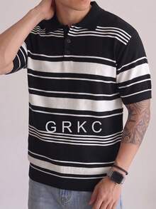 Men's Polo Shirt, Turn-Down Collar, Short Sleeve, Knitted, Slim Fit, Straight Cut, Casual Daily Wear, Horizontal Striped Knit T-Shirt, Spring/Summer - Black - View 2