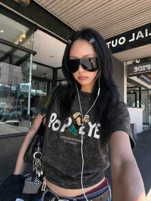 Y2K甜酷風卡通角色印花短袖T恤 寬鬆修身女款上衣 破舊設計 休閒黑色 - 黑色 - 查看 2