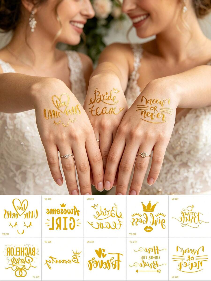 10 pièces Autocollants de tatouage temporaire doré métallique, tatouages de bras brillants et imperméables pour enterrement de vie de jeune fille, douche nuptiale, cadeaux de demoiselle d'honneur de mariage, accessoires de vacances, cadeaux de décoration artisanale, ensemble de fête