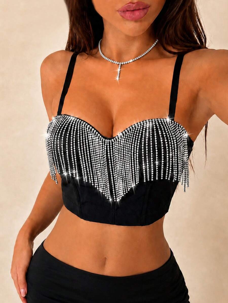 Apperloth A Rhinestone Tassel Trim Tight Bustier Camisole, Suitable For Rave Music Festivals Casual Black Summer - Black - View 1