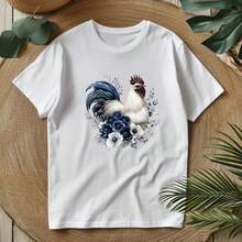 1/2/3 pezzi Decalcomania per trasferimento termico con gallo blu e bianco in stile inchiostro, corpo bianco con cresta rossa e piume della coda sfumate blu navy, circondato da crisantemi blu e bianchi argentati, foglie di eucalipto e rametti sottili, stampa fai-da-te vintage Morandi con fiori e uccelli in acquerello, adatta per magliette, camicie, borse in tela - Multicolore - Visualizzare 7